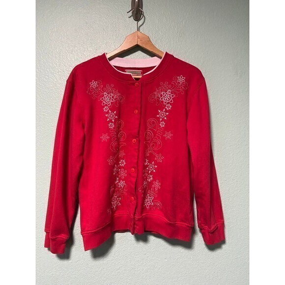 Holiday Traditions Women's Red and White Button Christmas Snowflake Sweater L - Picture 1 of 9
